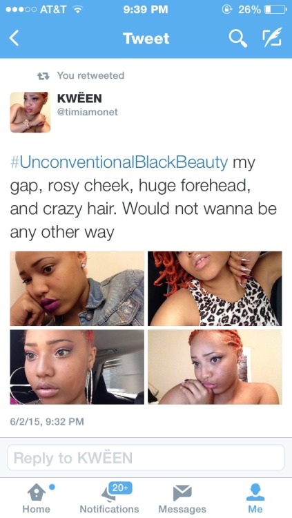 noir-voulex:  nerdrampage:  sharkbaitwhohahaa:  Unconventional Black Beauty is for black girls to embrace their flaws. Often we do not all fit into the standards of black beauty. We are no Beyoncé’s or Rihanna’s but we don’t have to be because