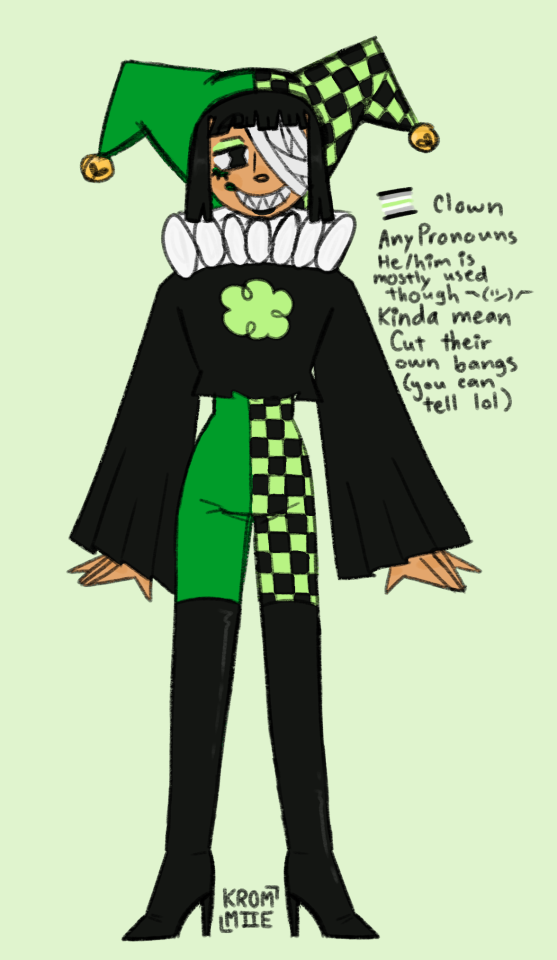 fullbody digital art design of a clown original character. they are wearing a jester-like hat with bells on the end, a ruffle collar, bandage wrap over the left side of the face, a cropped shirt with large sleeves and a puff on the chest, high pants, and thigh high heeled boots. the hat and pants are half dark green and half light green/black checker. the collar and bandages are white. the shirt and boots are black like the hair and the puff on the shirt is light green.