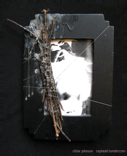 bird’s nest wax, acrylic, twigs, thread on b&w print, wooden frame (note to self: don&rsqu