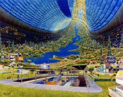 70sscifiart:  1970s concept art for the interior of a Toroidal Colony, by NASA artist Don Davis