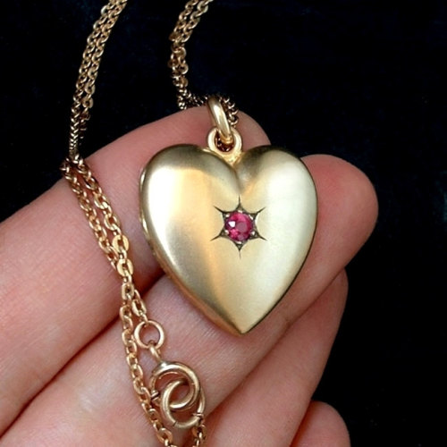 W&amp;SB Signed Antique Victorian LOCKET Pendant HEART Gold Filled, Ruby Paste Stone, Rose Gold Fill