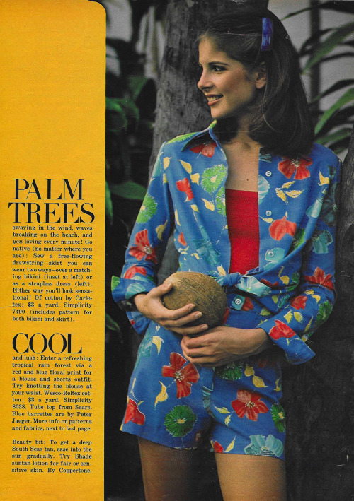 May 1977. ‘Exotic tropical florals set the mood for a summer of easy dressing.’