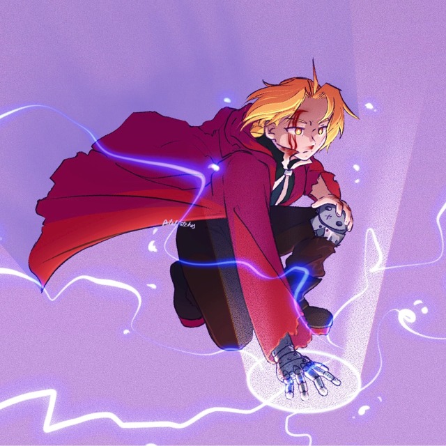 a digital drawing of ed from fma in battle. the bg is a simple lavender. he kneels and places one hand on the ground, the other on his knee. he activates a transmutation circle and his coat floats around him. his sleeve and pant leg are ripped showing his automail leg. 