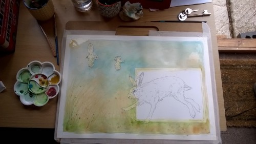  Some of today’s work, backgrounds done and drying nicely, next for he acrylics…really 