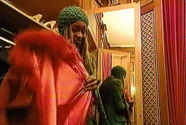 hfgl:libulan:Naomi Campbell and Kristen McMenamy trying on clothes from Naomi’s hotel closet during 