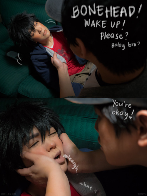 amgodfrey88:  behindinfinity:  We like to think that something like this led to Tadashi programming allergy precautions into Baymax. (•–•) Big Hero 6Hiro and Tadashi cosplay by Jin (me) and Miguel | photos by Reskiy More of our BH6 photos: [✖] 