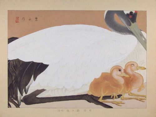 heartbeat-of-leafy-limbs: TSUCHIYA RAKUZAN Red-crowned Crane and Chicks (Late Spring) [circa 1930]