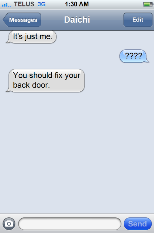 haikyuutexts:  Suga lectured Daichi for sneaking in his house but they ended up smooching. 