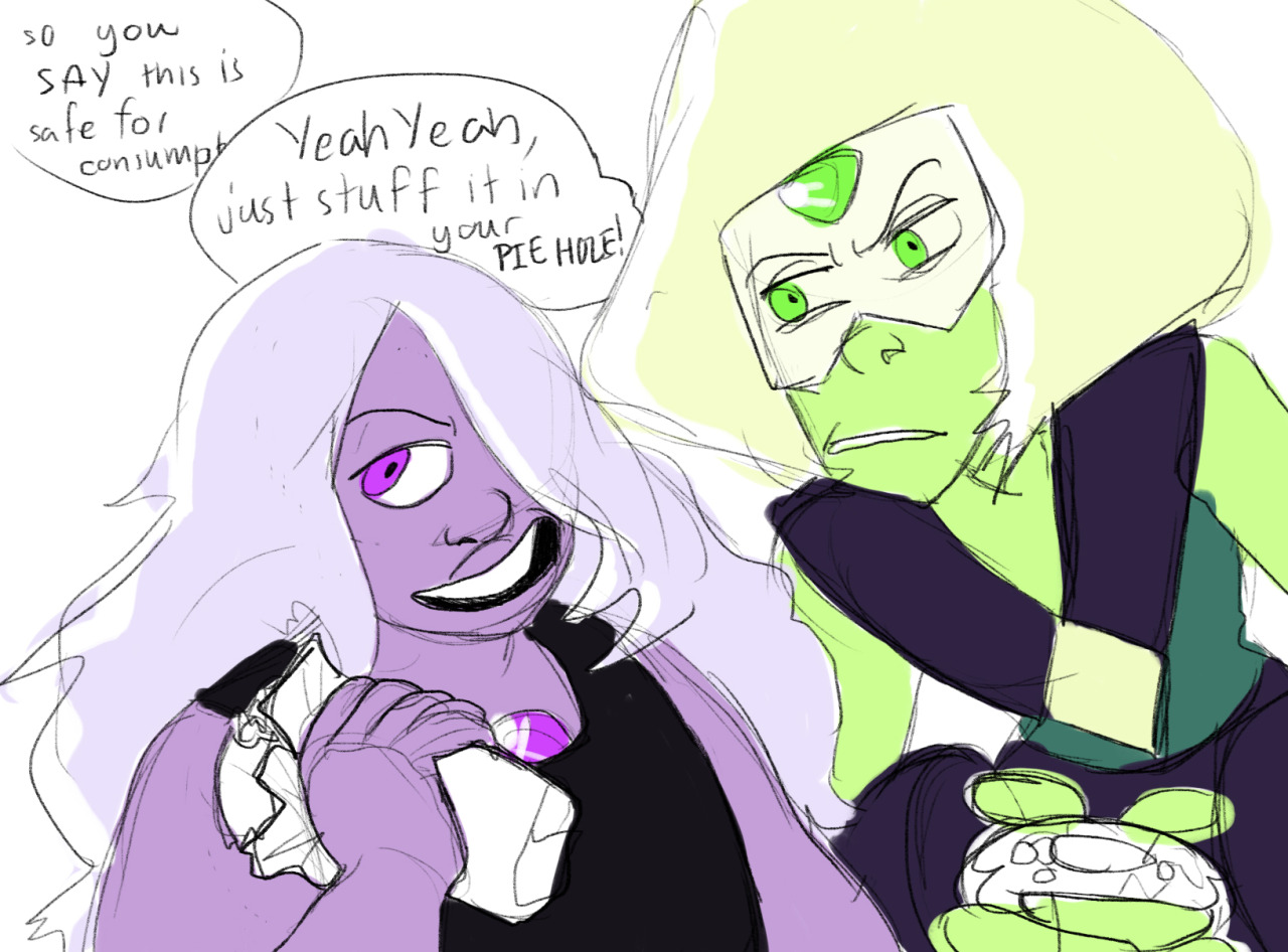 dungeonmaster11 said: HMMM. How about….Amethyst trying to show Peridot the joys