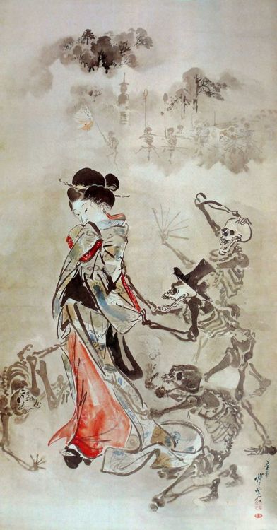 themacabrenbold:Skeletons pulling the sleeve of a beauty by Kyosai Kawanabe#skull #calavera #caveira