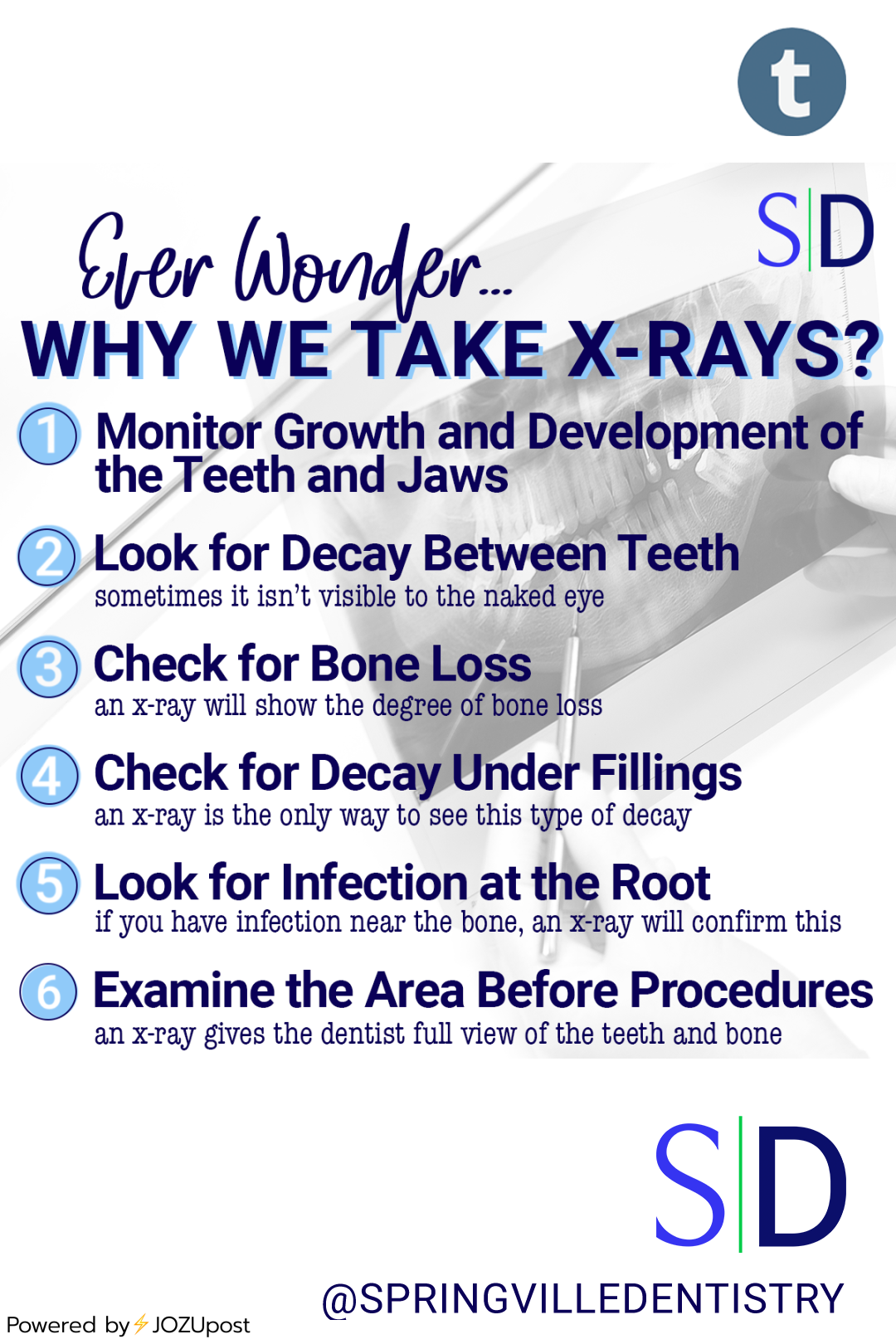 At Springville Dentistry, we use advanced tools like dental x-rays for comprehensive oral care.
Dental x-rays are essential for spotting hidden cavities and detecting infections not visible during a typical visual exam.
Our state-of-the-art digital...