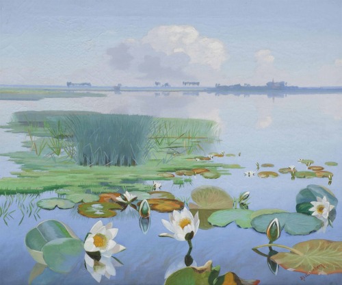 thunderstruck9:  Dirk Smorenberg (Dutch, 1883-1960), Water lilies with Loosdrecht in the distance. O