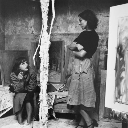 ehoradote:Giacometti’s wife Annette (right) in the studio with a friend, ca. 1954. Ph. Ernst Scheide