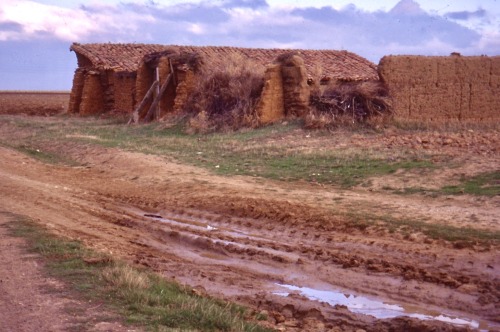 Paisaje rural con granero de adobe en descomposición y barro, cerca de El Burgo Ranero, León, 1998.