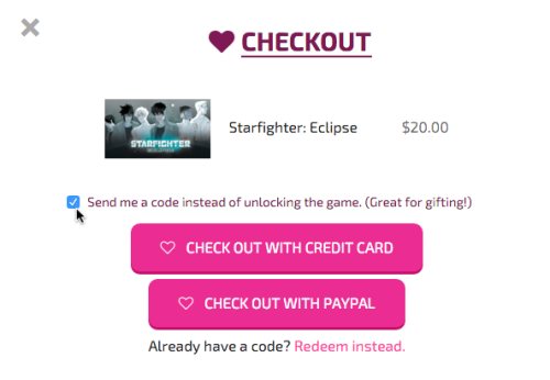   ✨You can now Gift Purchase Starfighter: Eclipse!  ✨  Some good news: if you are looking to give Eclipse as a digital gift, that option is now available! But also,   Santa isn’t always abreast of the latest VNs, so if you just want to treat yourself