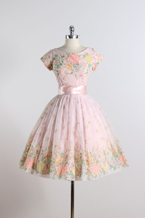 ephemeral-elegance:Floral Chiffon Party Dress with Satin Sash, ca. 1950s via Mill Street Vintage