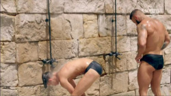 boycaps:  Tom and Tian showering outdoors on “Bromans&quot; 