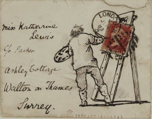 A sketch of the artist himself at his easel on an envelope directed to Miss Katherine Lewis by Edwar