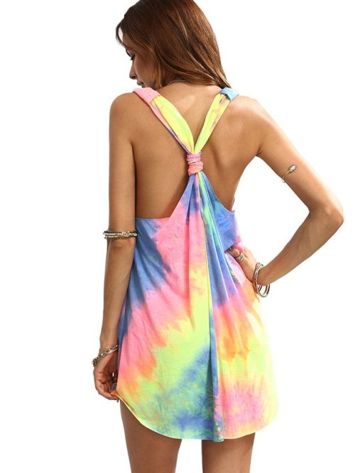 Romwe sleeveless V-neck tie dye swing tee shirt dress