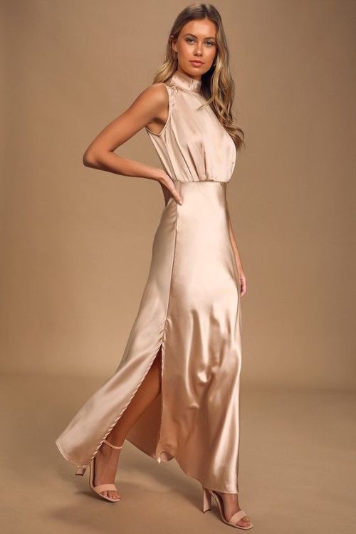 Satin shines with elegance in a simple long gown with side split skirt