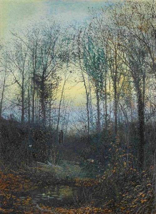 Wooded valley, probably Bolton Woods Lovers in a woodland clearing a pair, John Atkinson Grimshawhtt