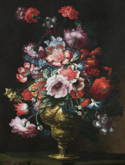 laclefdescoeurs:  A still life of roses, peonies, carnations, convolvulus and other flowers in a gold vase on a stone ledge, Andrea Scacciati
