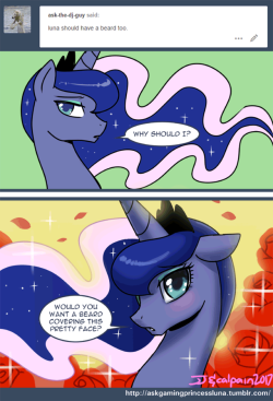 askgamingprincessluna:  Ask Gaming Princess Luna 043 “A beard would cover my sparkles!” ~ GPL &lt;3 &lt;3 &lt;3