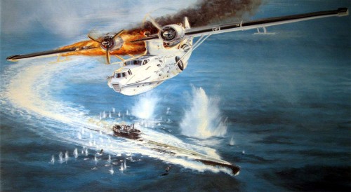 1944 06 24 Catalina vs U1225The pilot steered the burning plane toward the target through a barrage 