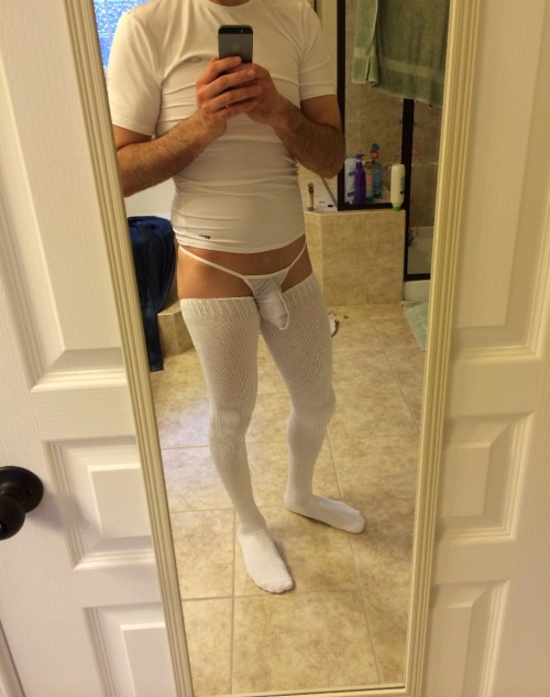 bottom-thong-dude:  My new white thong and thigh highs. I think they look pretty sexy. If you like, reblog! :) 
