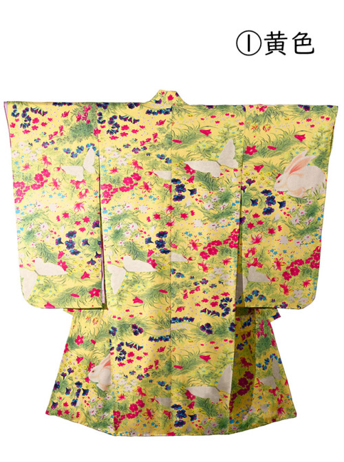 Cute bunnies and butterflies frolicking in a sunny flower field, antique girl kimono reprint by Ichi