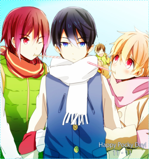 moespresso:  Happy 11/11!!! (freestyle pocky（〜^∇^)〜 )  Rin and Nagisa asked Makoto for some of his pocky because they forgot it was Pocky Day and he didn’t realize their true intentions www