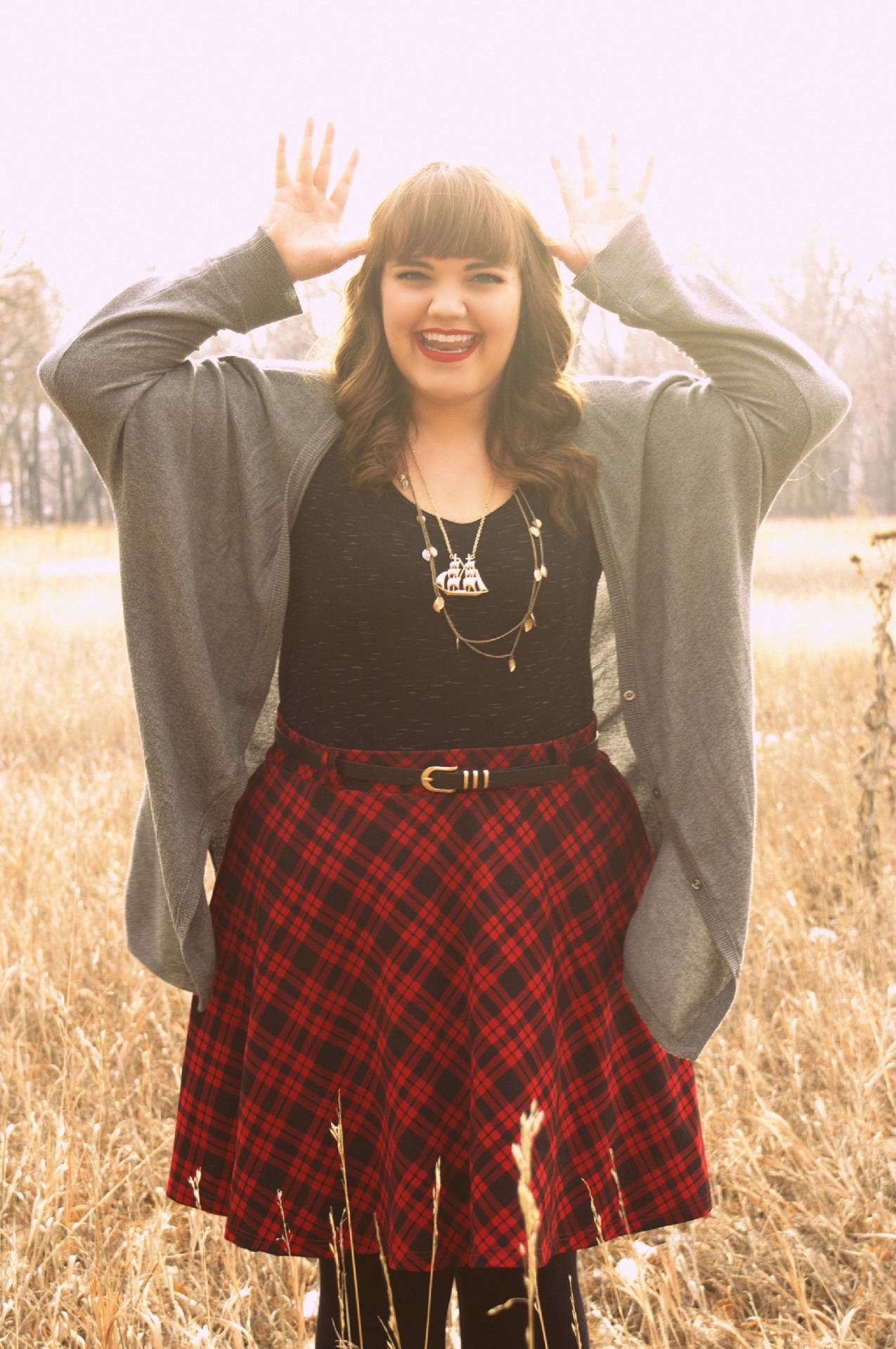 boundlessadventure:  Plaid and Christmas Skirt and Cardi: Torrid Tights and shirt: