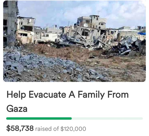 A screenshot of the GoFundMe app. It shows a photo of pale rubble during daytime. There is text under their photo that reads: Help Evacuate A Family From Gaza Below that is a green bar that signifies how much money they've gained in their fundraising campaign. Below the bar is the money they've raised. It is in US dollars and reads: $58,738 raised of $120,000.