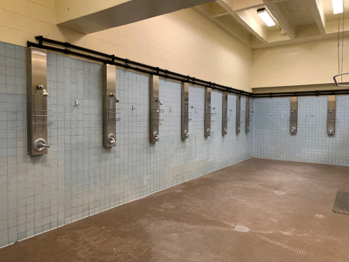 The showers in the men’s locker room in the Heskett Center at Wichita State University, Kansas.