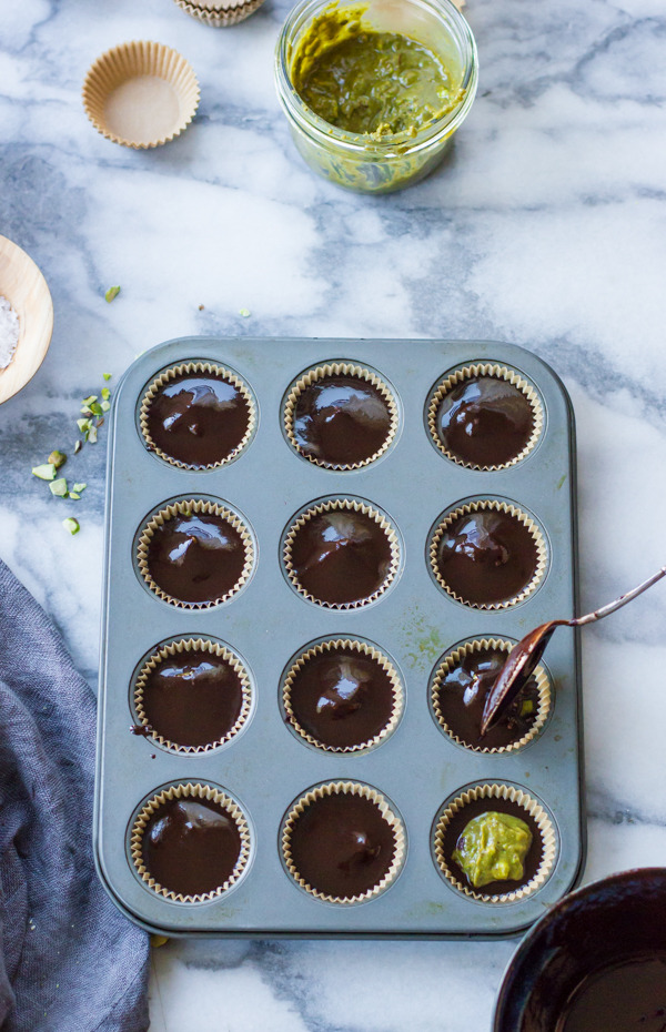 sweetoothgirl:  Raw Chocolate + Pistachio Butter Cups