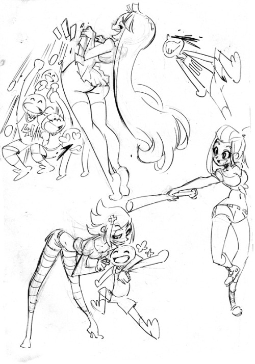 grimphantom:  rafchu:  Doodles for my comic’s pilot ^^  Grimphantom: Nice ones, my fav is the one where one of them is lifting her skirt XD  ;9