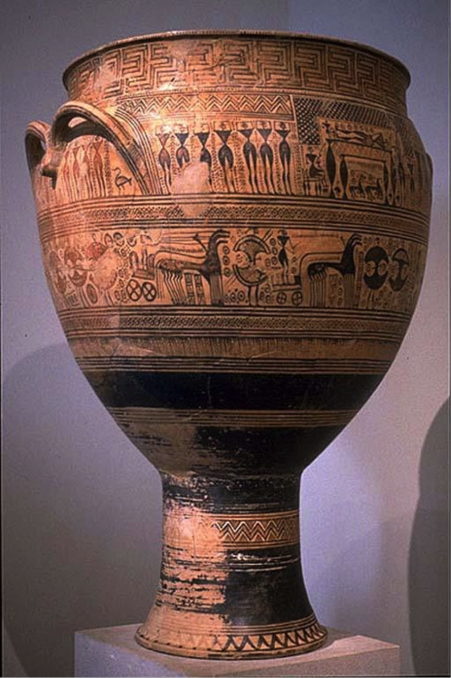 Athenian Late Geometric krater, c. 750 BCE, about 4 feet tall, New York, Metropolitan Museum