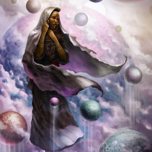 jahbu-art:Suspended above placid waters. A Wodaabe woman over looks a sea of floating planets.Here a