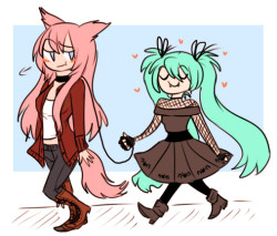 quick doodle of the AU from the anon ask last night ;)))) vampire!miku and werewolf!luka just out for a walk pfghfg
