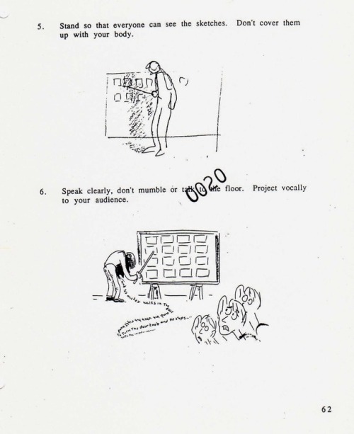 How to present your ideas: these handouts by Disney/Pixar artist Joe Ranft concern the pitching of s