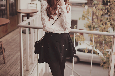 catvillecrossing: ~ Stud Skirt and Floral Lace Top with Black and Gold Purse ~