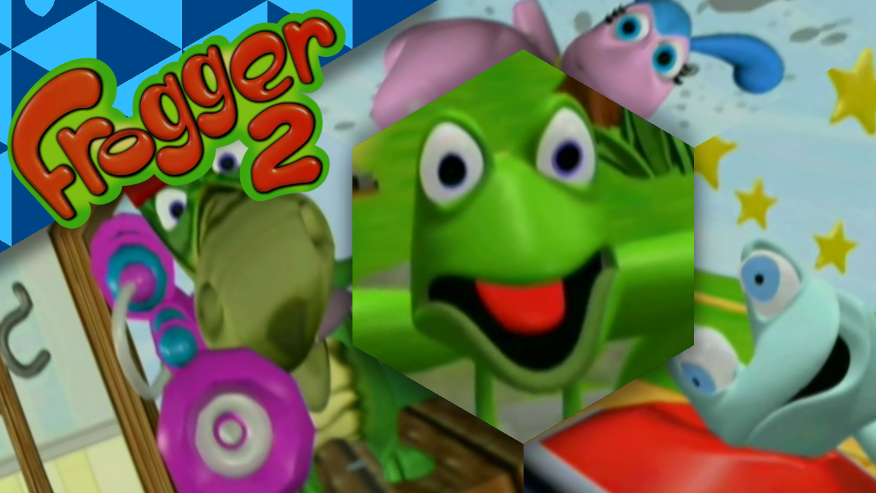 Thumbnail for tomorrow's stream highlights video of Frogger 2: Swampy's Revenge. The thumbnail features Frogger with a shocked expression, surrounded by his girlfriend Lillie Frog, his nemesis Swampy with a gun, and a dazed and confused baby frog.