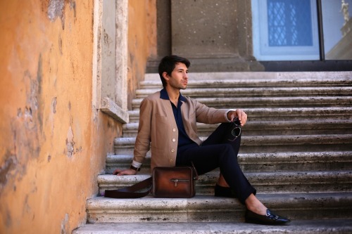 Filippo Fiora wears:Caruso shirt and JacketBerluti BagEDHÈN Milano Brera loafersmore pictures