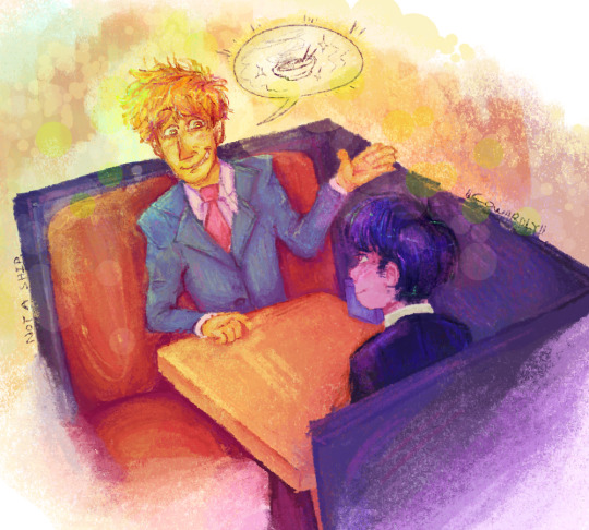 Image: Colorful artwork of Reigen and Mob waiting for food together. Reigen's color scheme is altered with a blue suit and a yellow-orange skin tone, while Mob appears purple and his uniform is more blue