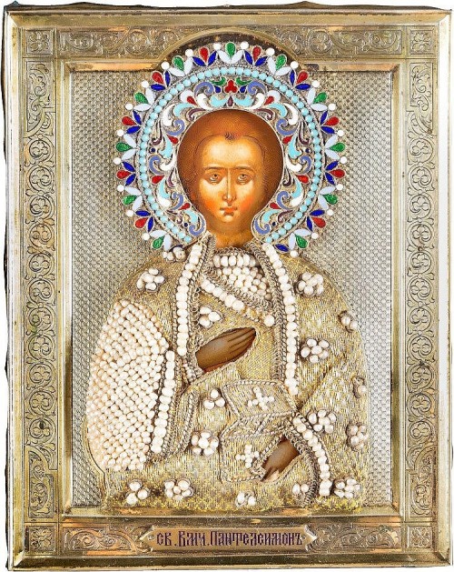 Russian Orthodox gilt Icons;St. Panteleimon, late 19th centuryThe Kazanskaya, c. 1900  and Feodorovs