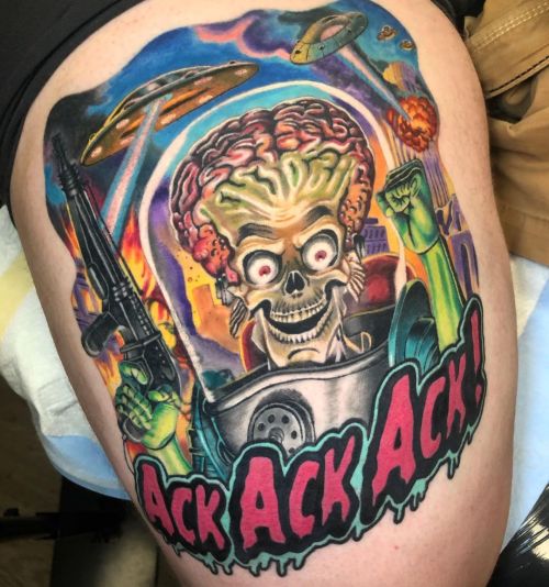 Had a lot of fun with this Mars Attacks! Tattoo on the homie @ryanjamesicenhour #tattoos #marsattack