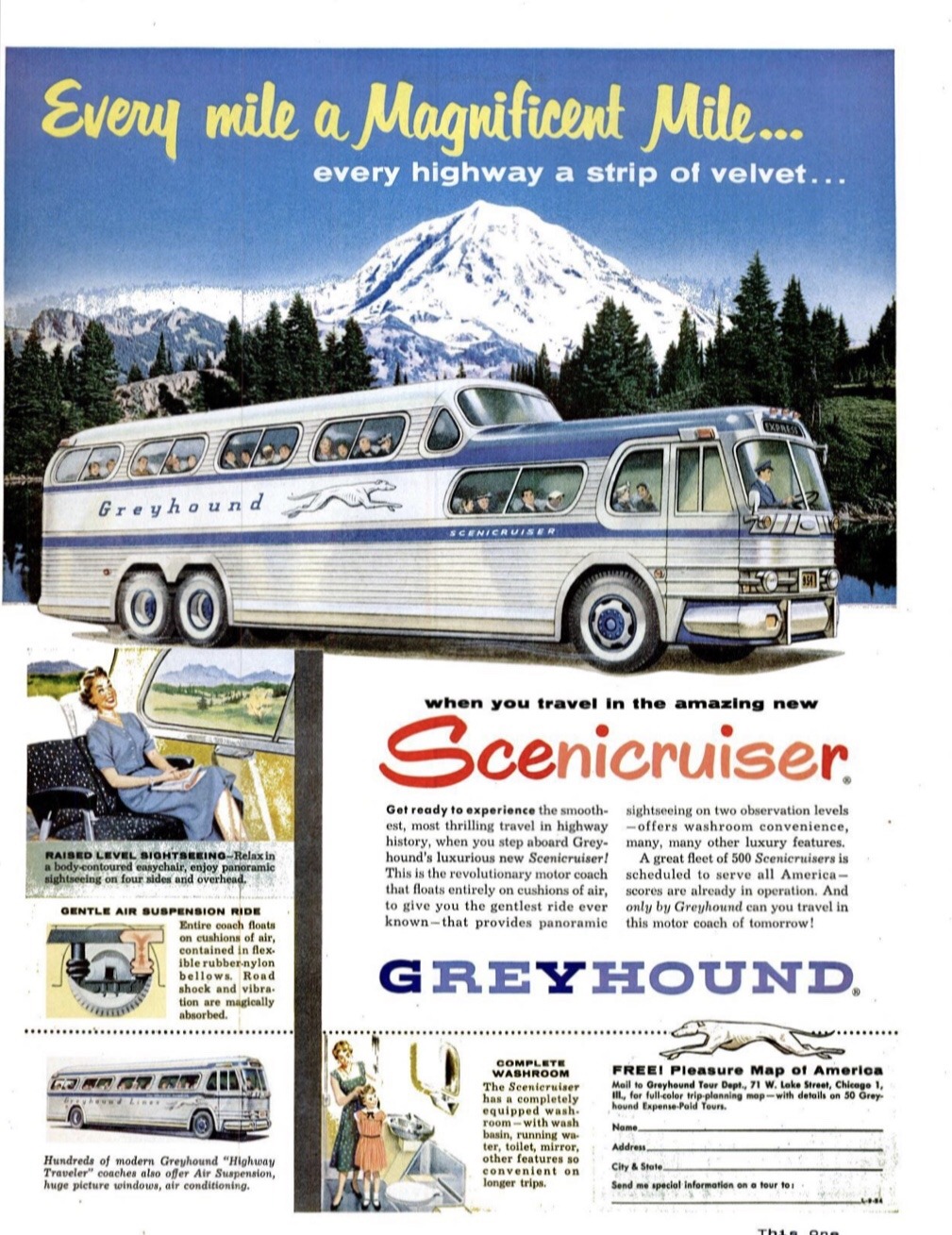 VINTAGE GREYHOUND BUS Ad Mid-Century Poster Garage Mechanic Retro Travel Ad 
