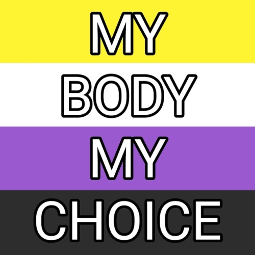 (Image description: the trans, genderqueer, nonbinary, and agender flags with the words “my bo