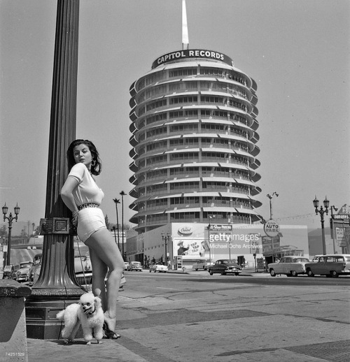 vintagemodeltimemachine: mangodebango: Joan Bradshaw & her poodle outside Capitol Records, Holly