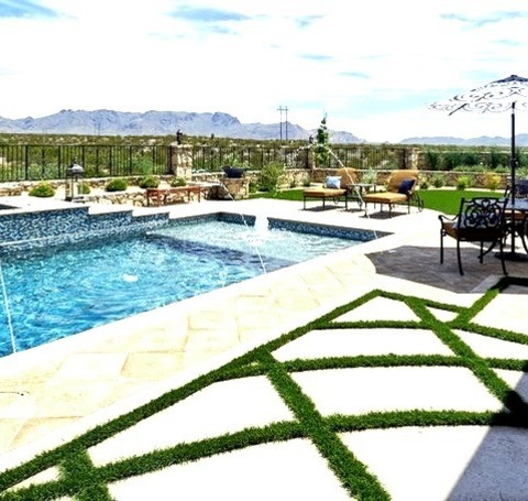 Mid-sized Southwest Backyard Stone And Rectangular Natural Pool Fountain Photoa Medium-sized Southwest